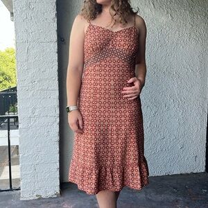 Ann Taylor Loft Spaghetti Strap etheart Neckline Patterned Orange Dress Size 12P